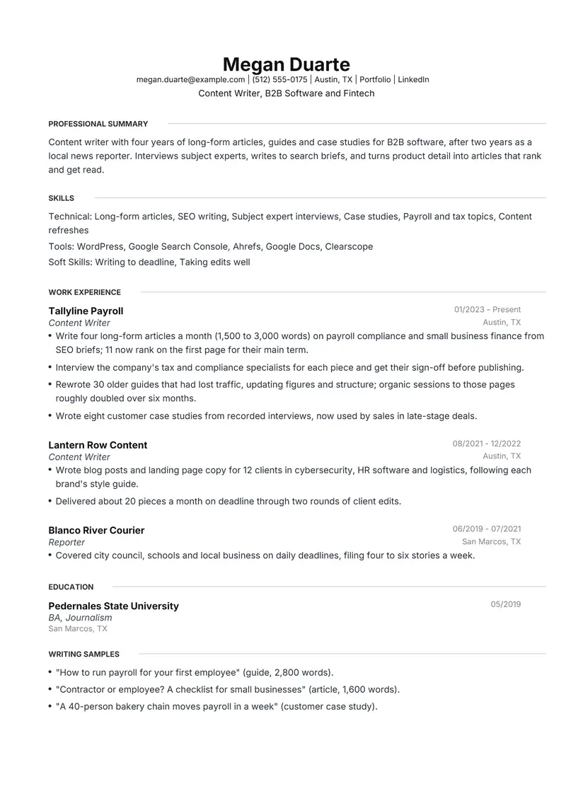 Content Writer resume template sample in Meridian, page 1: fictional Content Writer, B2B Software and Fintech