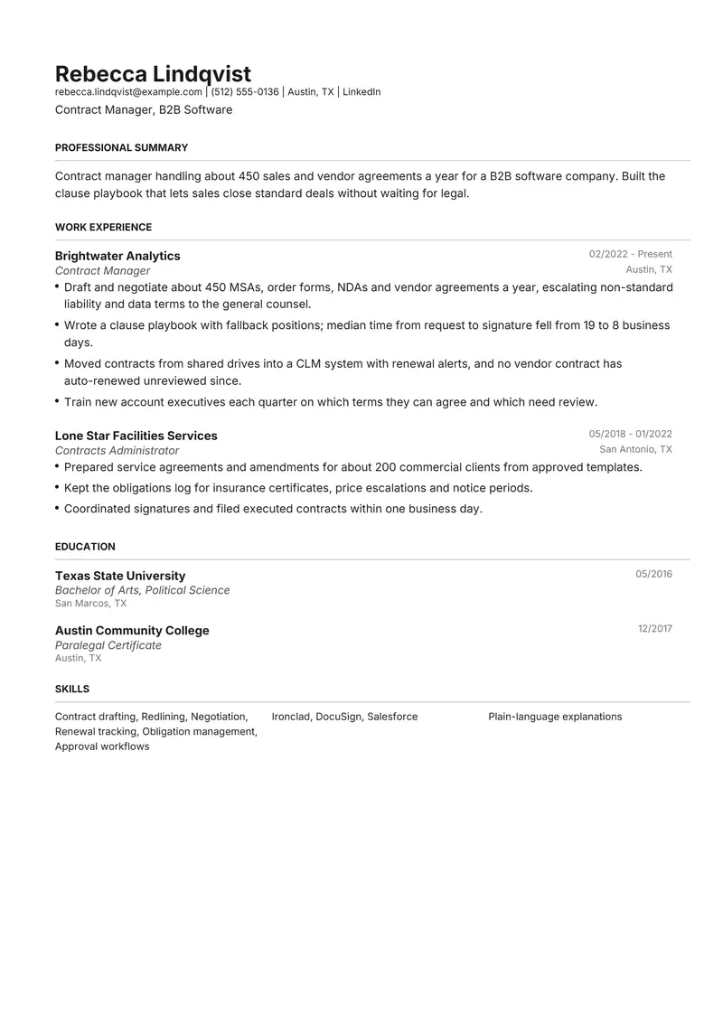 Contract Manager resume template sample in Henrietta, page 1: fictional Contract Manager, B2B Software
