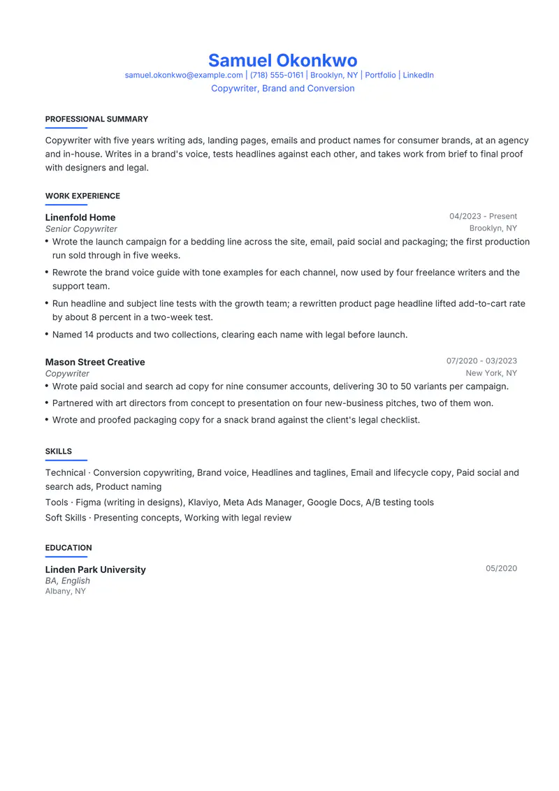 Copywriter resume template sample in Leslie, page 1: fictional Copywriter, Brand and Conversion