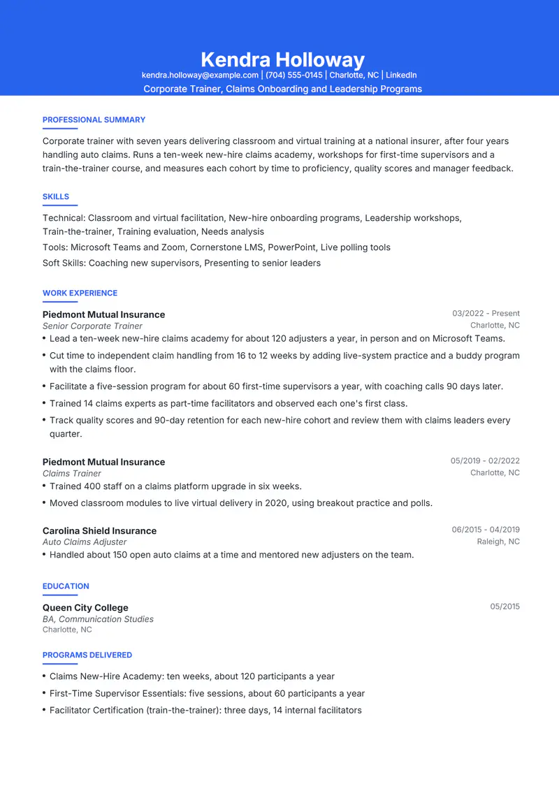Corporate Trainer resume template sample in Olivia, page 1: fictional Corporate Trainer, Claims Onboarding and Leadership Programs