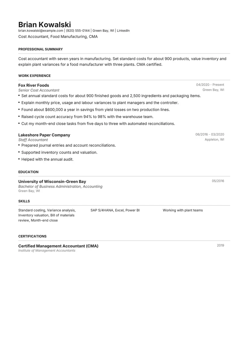 Cost Accountant resume template sample in Henrietta, page 1: fictional Cost Accountant, Food Manufacturing, CMA