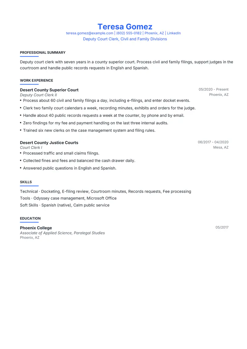 Court Clerk resume template sample in Leslie, page 1: fictional Deputy Court Clerk, Civil and Family Divisions