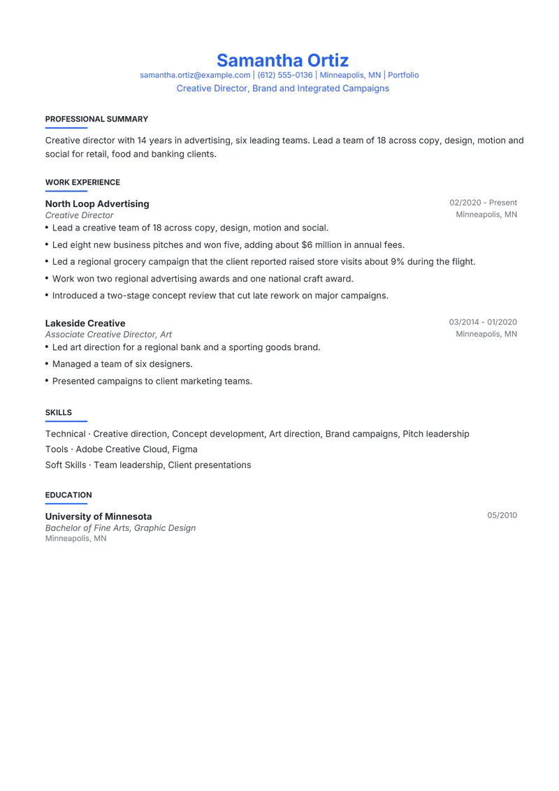 Creative Director resume template sample in Leslie, page 1: fictional Creative Director, Brand and Integrated Campaigns