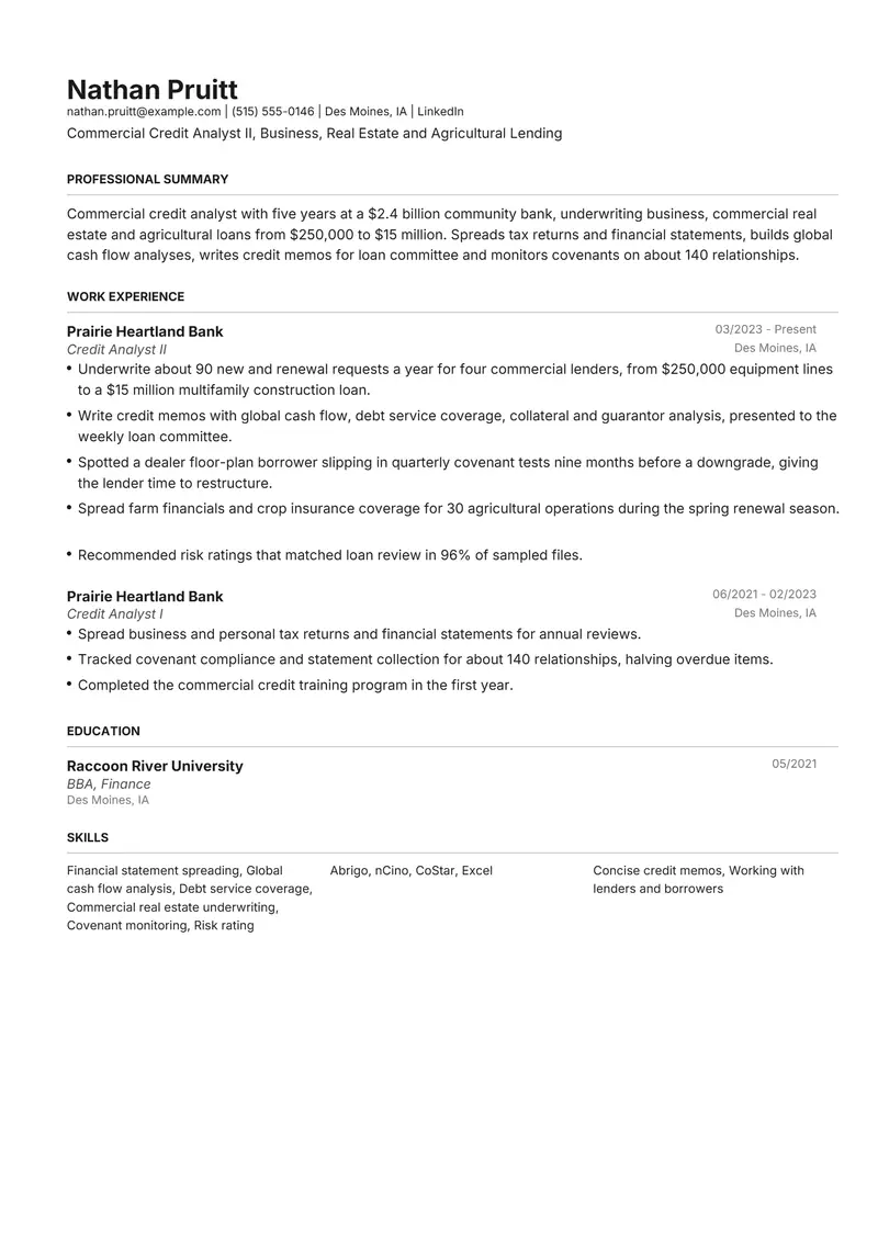 Credit Analyst resume template sample in Henrietta, page 1: fictional Commercial Credit Analyst II, Business, Real Estate and Agricultural Lending