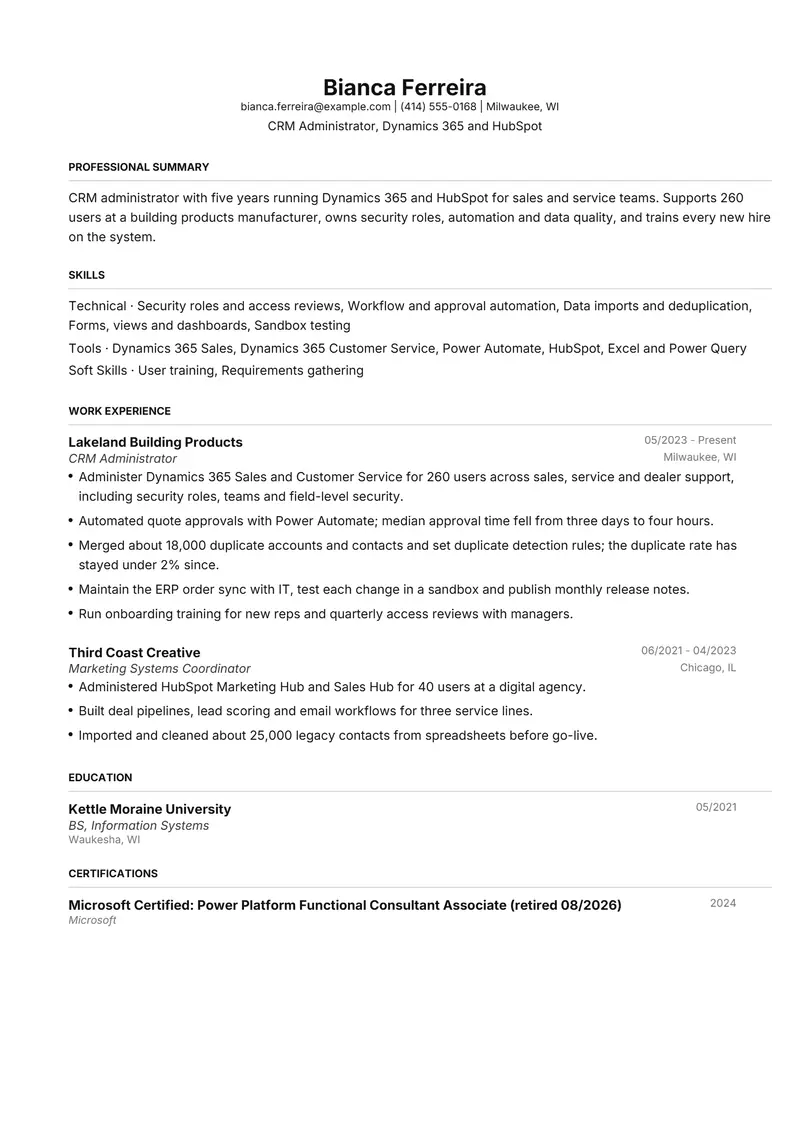 CRM Administrator resume template sample in FAANGPath, page 1: fictional CRM Administrator, Dynamics 365 and HubSpot