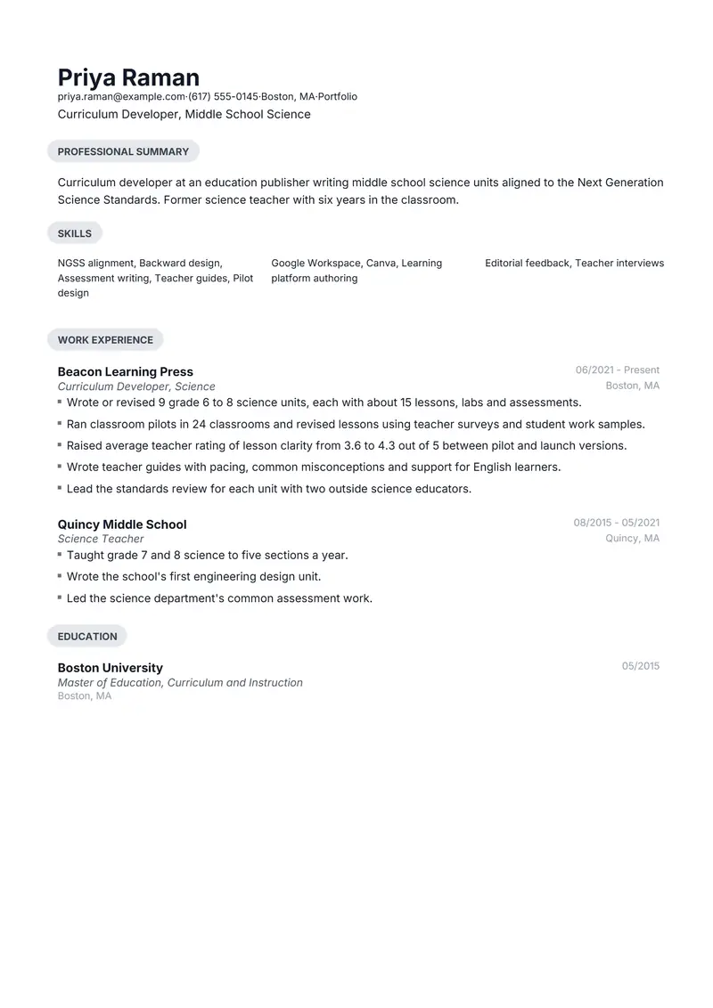 Curriculum Developer resume template sample in Daniel, page 1: fictional Curriculum Developer, Middle School Science