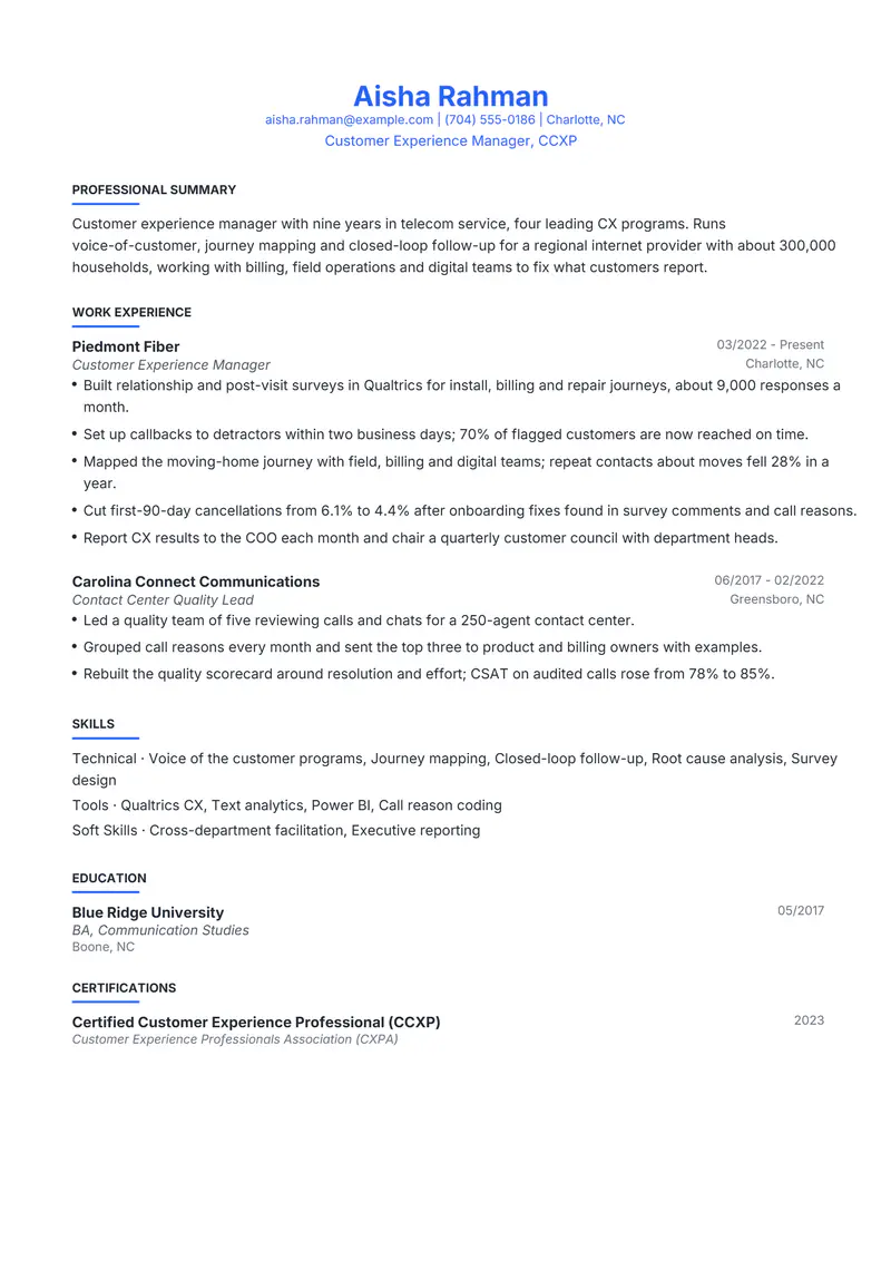 Customer Experience Manager resume template sample in Leslie, page 1: fictional Customer Experience Manager, CCXP