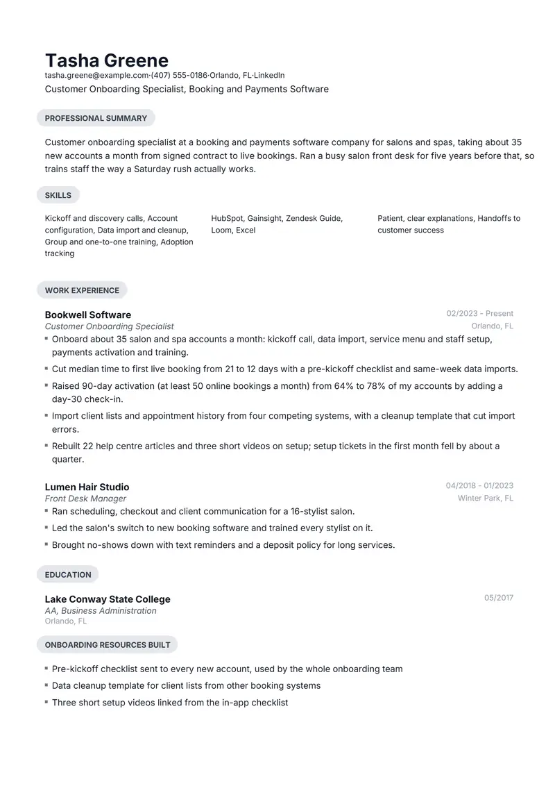 Customer Onboarding Specialist resume template sample in Daniel, page 1: fictional Customer Onboarding Specialist, Booking and Payments Software