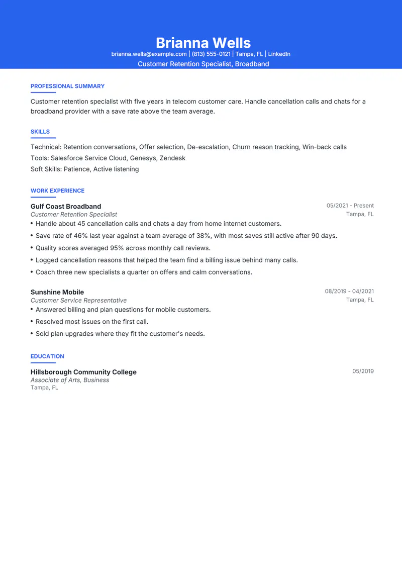 Customer Retention Specialist resume template sample in Olivia, page 1: fictional Customer Retention Specialist, Broadband