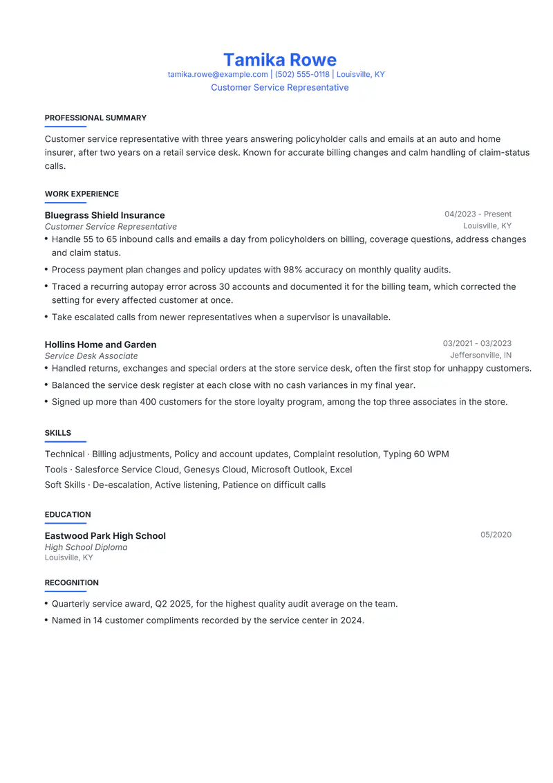 Customer Service Representative resume template sample in Leslie, page 1: fictional Customer Service Representative