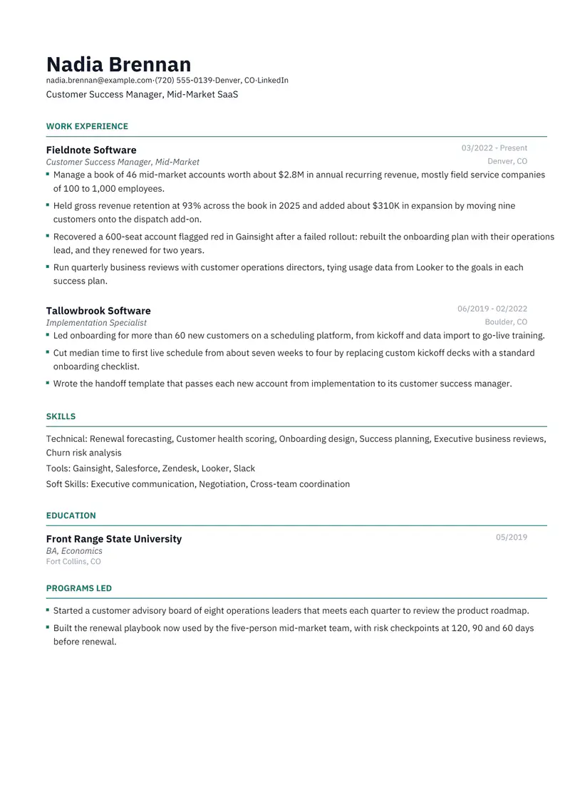 Customer Success Manager resume template sample in Catalyst, page 1: fictional Customer Success Manager, Mid-Market SaaS