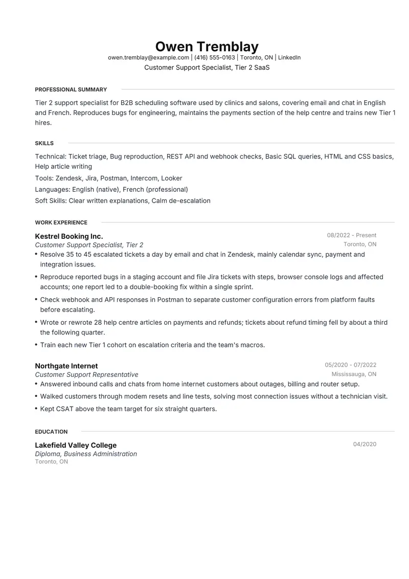 Customer Support Specialist resume template sample in Meridian, page 1: fictional Customer Support Specialist, Tier 2 SaaS