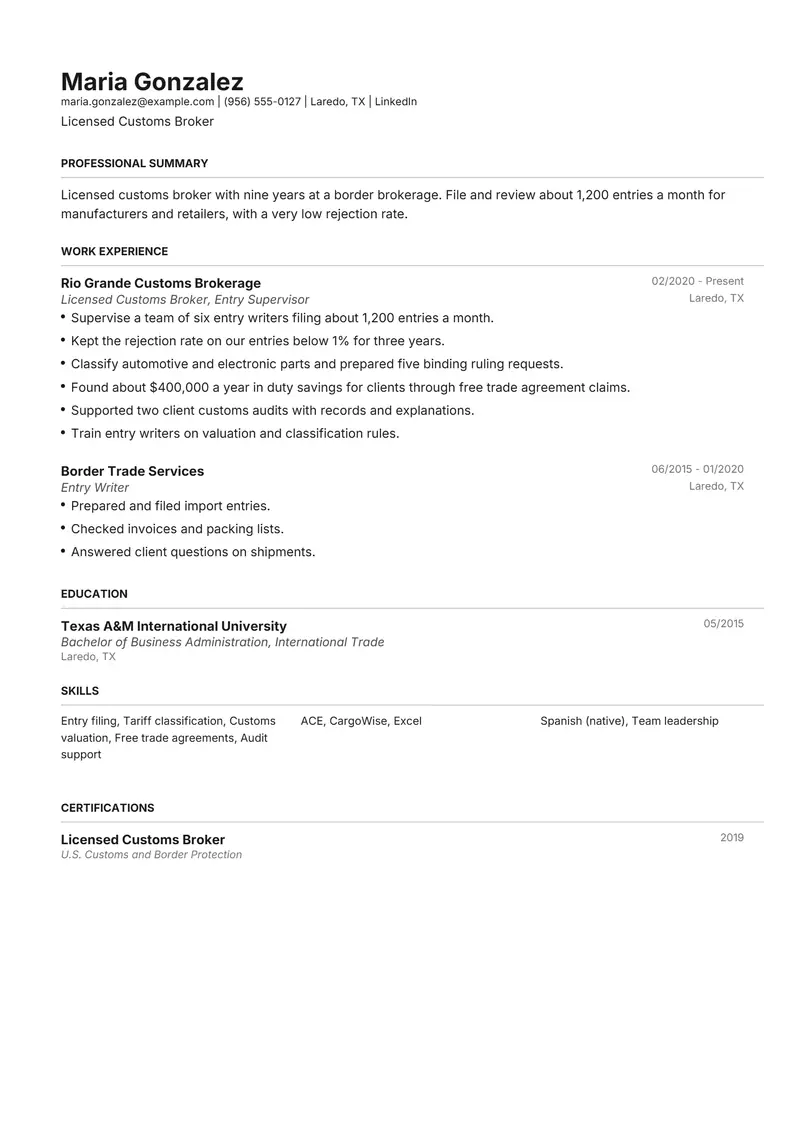 Customs Broker resume template sample in Henrietta, page 1: fictional Licensed Customs Broker