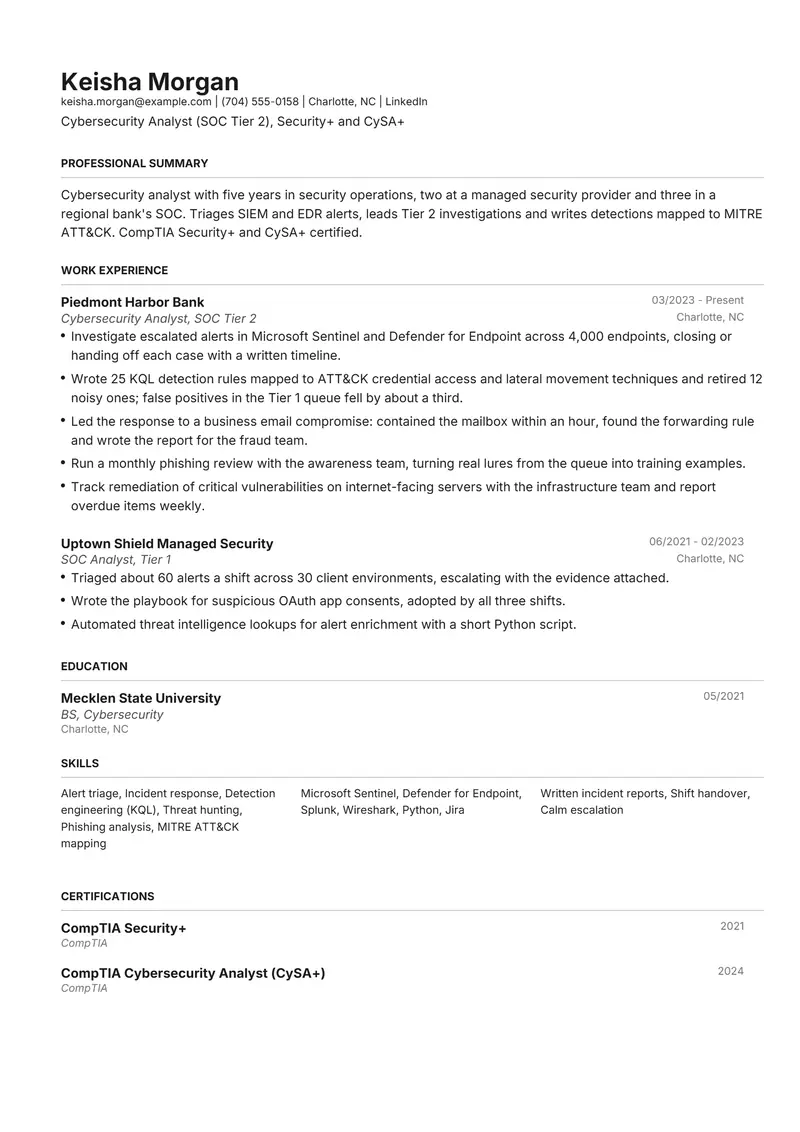 Cybersecurity Analyst resume template sample in Henrietta, page 1: fictional Cybersecurity Analyst (SOC Tier 2), Security+ and CySA+
