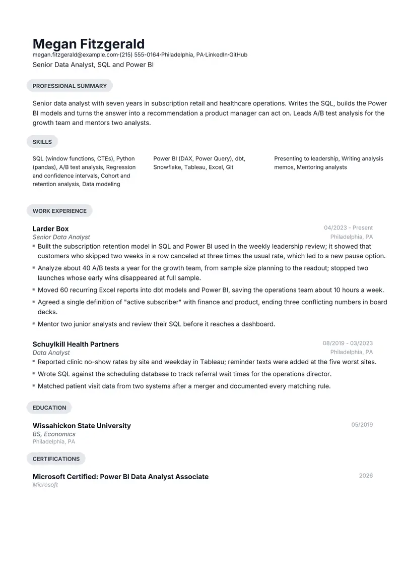 Data Analyst resume template sample in Daniel, page 1: fictional Senior Data Analyst, SQL and Power BI