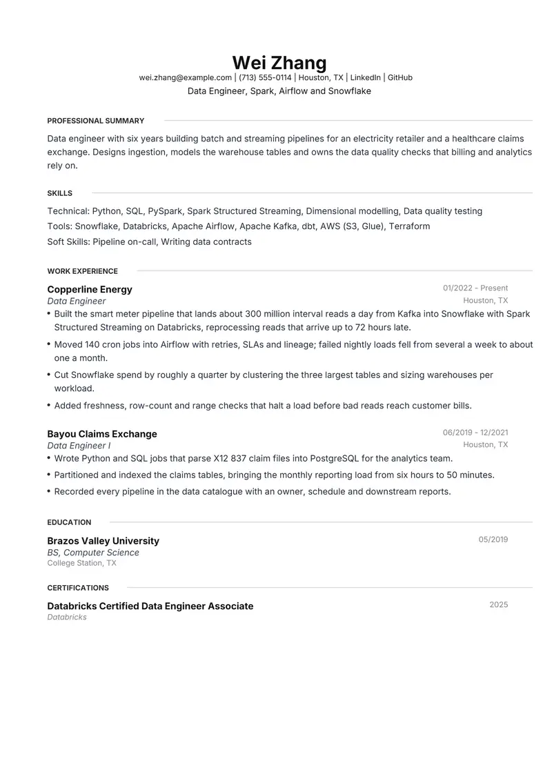 Data Engineer resume template sample in Meridian, page 1: fictional Data Engineer, Spark, Airflow and Snowflake