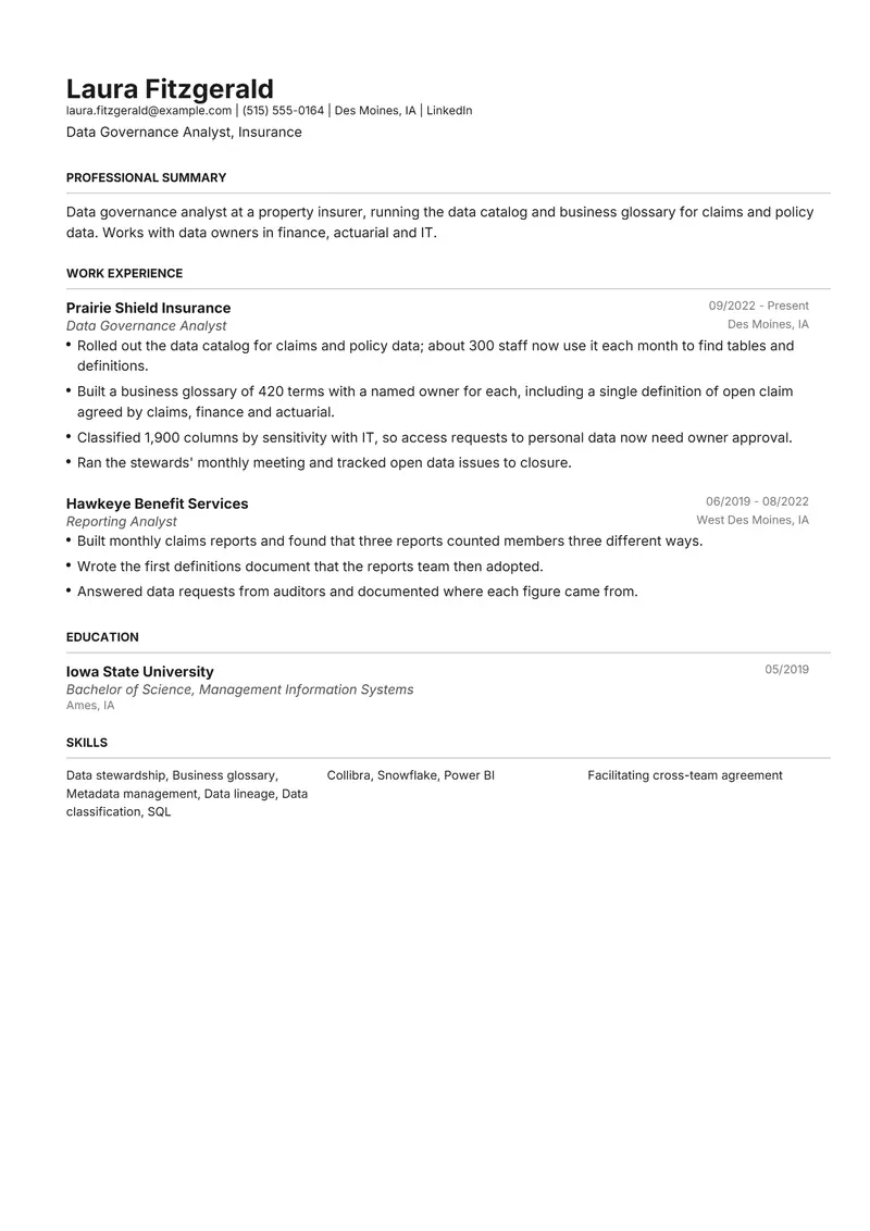Data Governance Analyst resume template sample in Henrietta, page 1: fictional Data Governance Analyst, Insurance