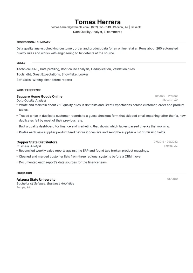Data Quality Analyst resume template sample in Meridian, page 1: fictional Data Quality Analyst, E-commerce