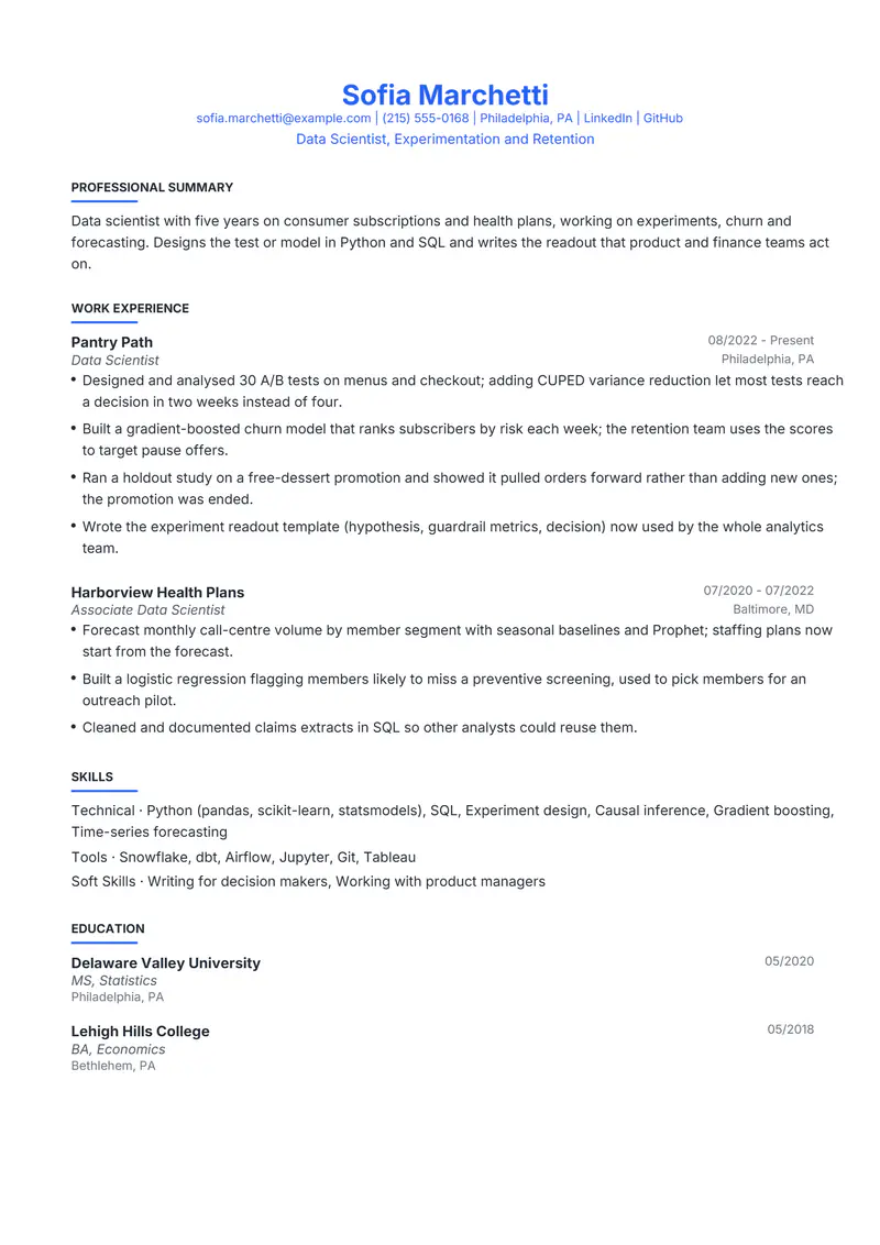 Data Scientist resume template sample in Leslie, page 1: fictional Data Scientist, Experimentation and Retention