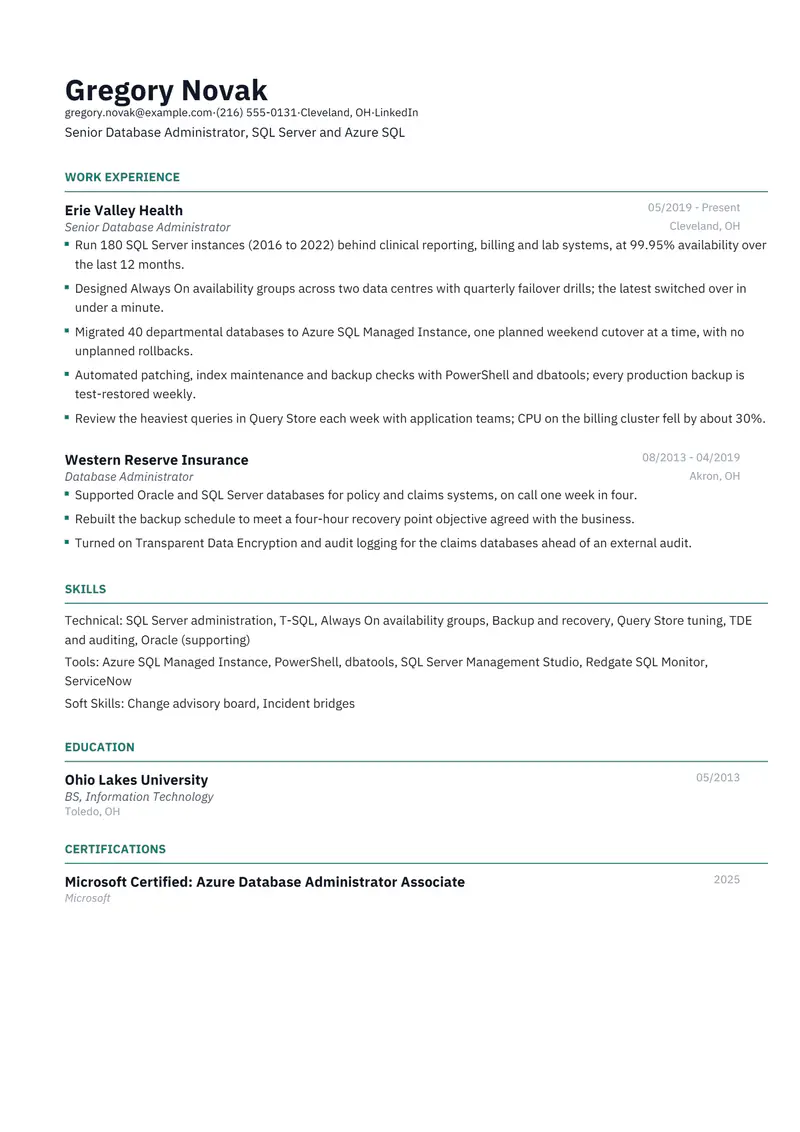 Database Administrator resume template sample in Catalyst, page 1: fictional Senior Database Administrator, SQL Server and Azure SQL