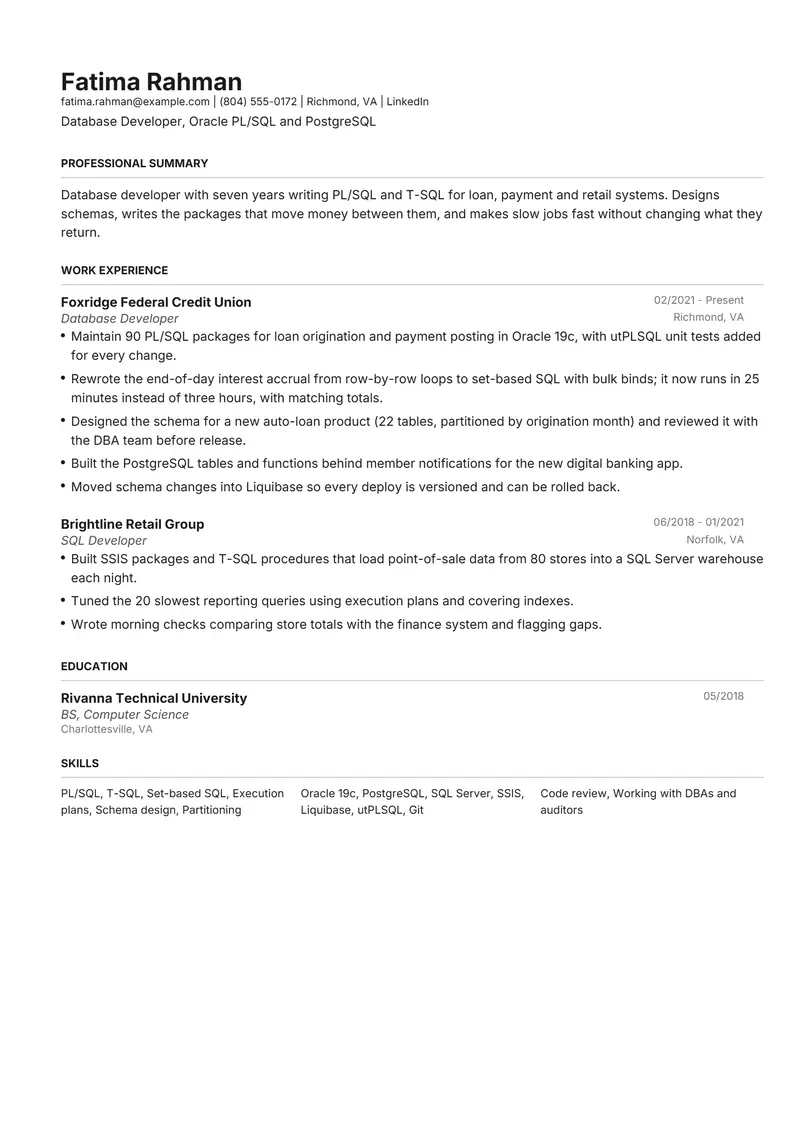 Database Developer resume template sample in Henrietta, page 1: fictional Database Developer, Oracle PL/SQL and PostgreSQL