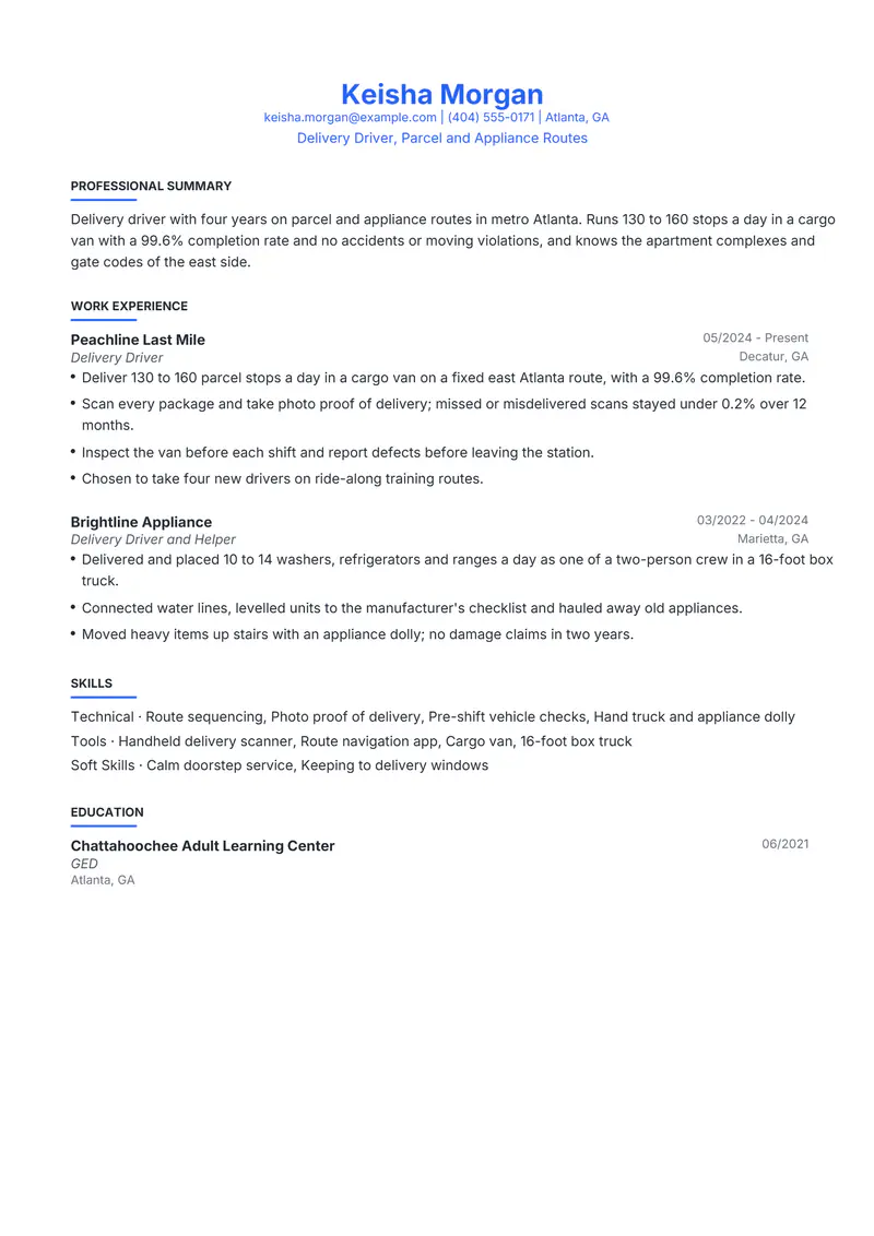 Delivery Driver resume template sample in Leslie, page 1: fictional Delivery Driver, Parcel and Appliance Routes