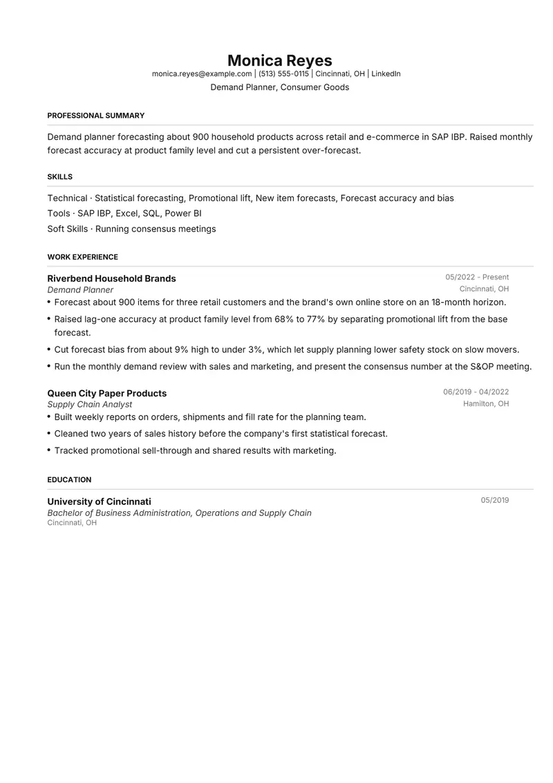 Demand Planner resume template sample in FAANGPath, page 1: fictional Demand Planner, Consumer Goods
