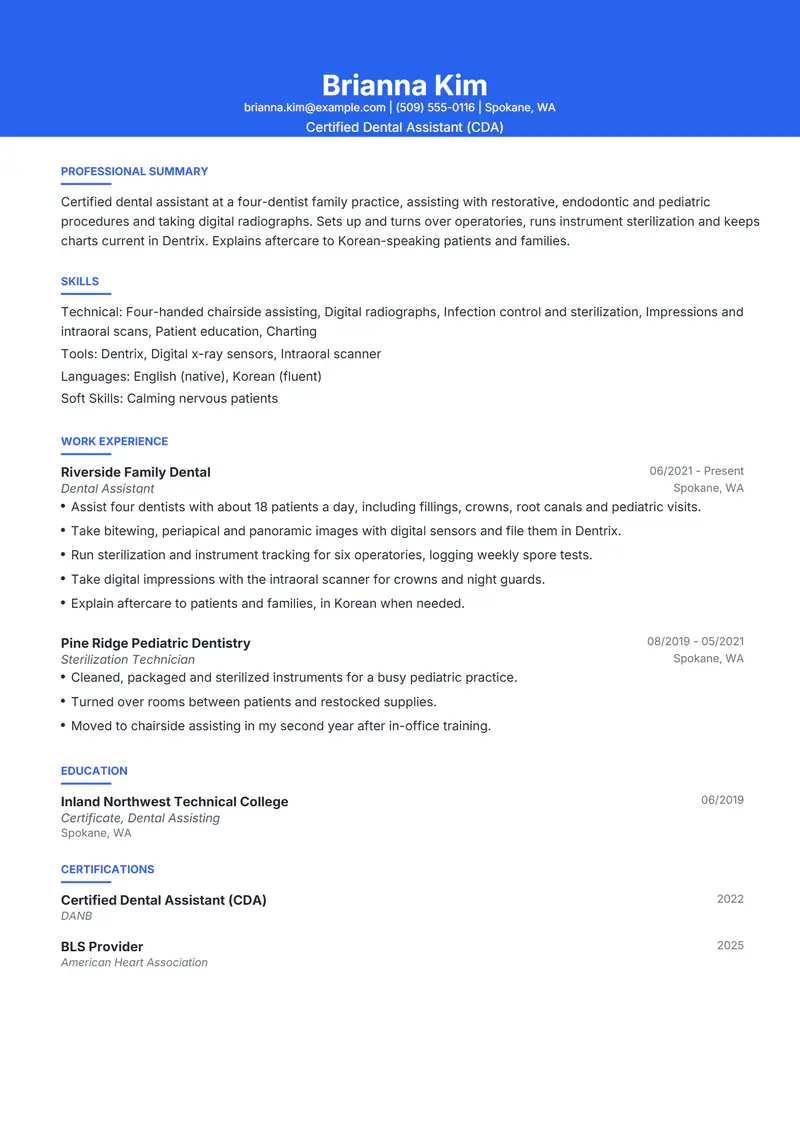 Dental Assistant resume template sample in Olivia, page 1: fictional Certified Dental Assistant (CDA)
