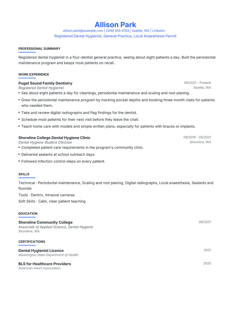Dental Hygienist resume template sample in Leslie, page 1: fictional Registered Dental Hygienist, General Practice, Local Anaesthesia Permit