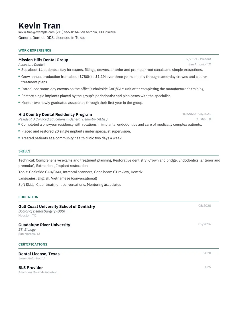 Dentist resume template sample in Catalyst, page 1: fictional General Dentist, DDS, Licensed in Texas