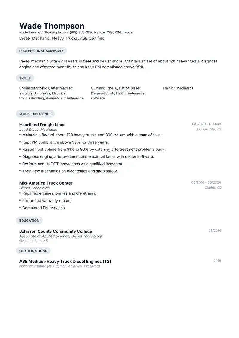 Diesel Mechanic resume template sample in Daniel, page 1: fictional Diesel Mechanic, Heavy Trucks, ASE Certified