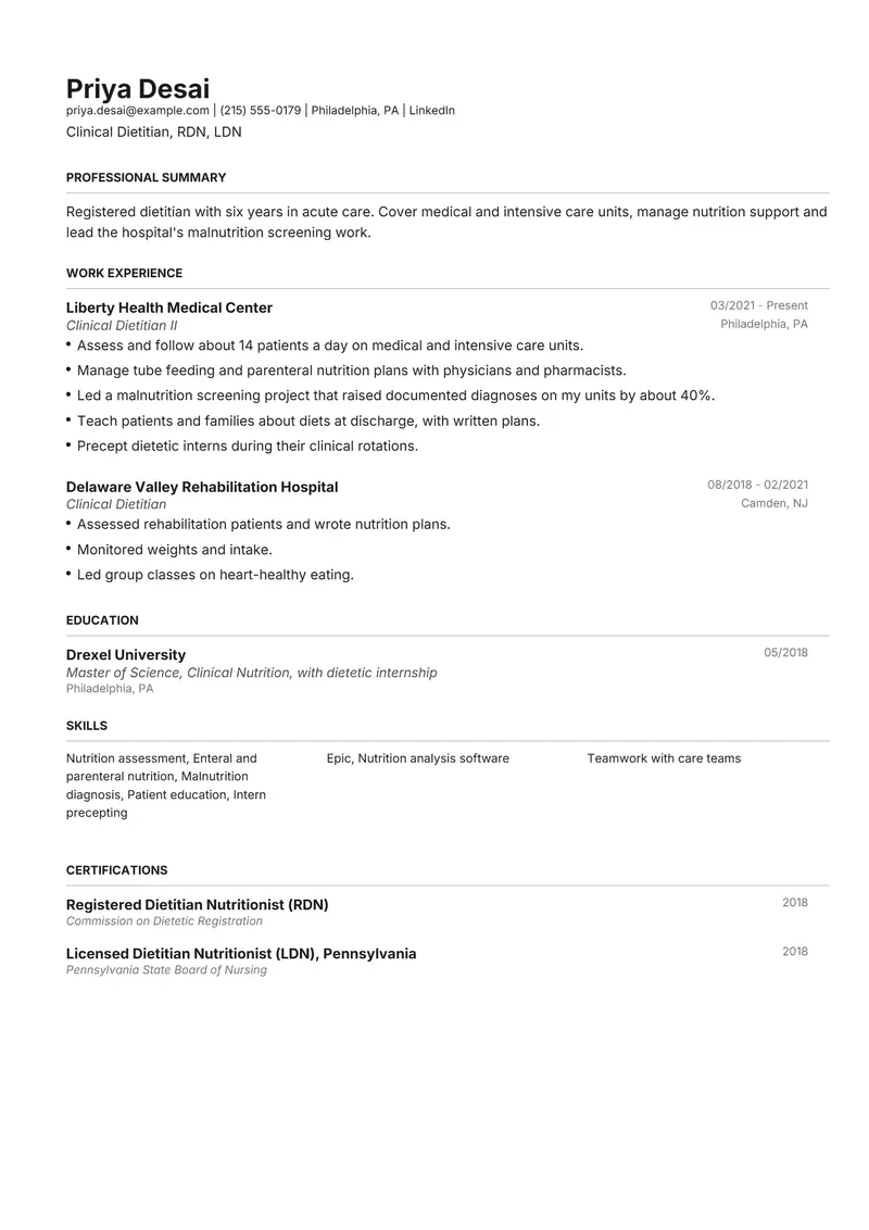 Dietitian resume template sample in Henrietta, page 1: fictional Clinical Dietitian, RDN, LDN