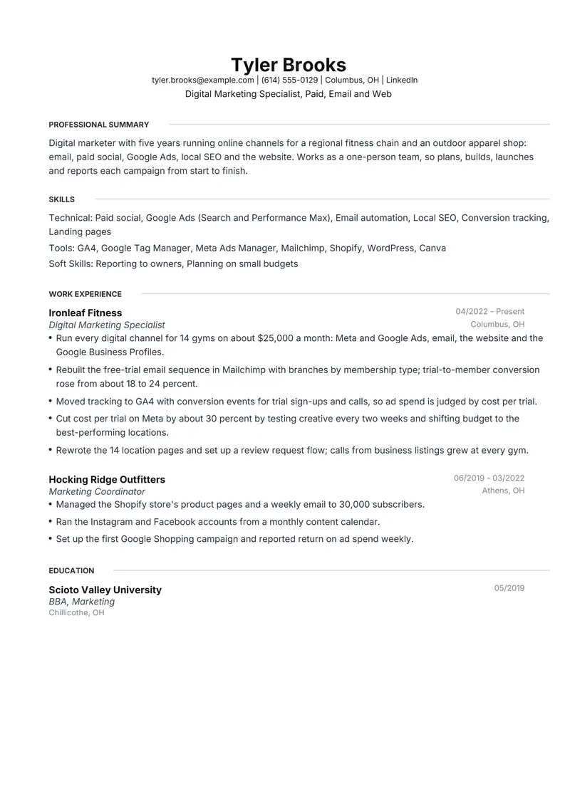 Digital Marketer resume template sample in Meridian, page 1: fictional Digital Marketing Specialist, Paid, Email and Web