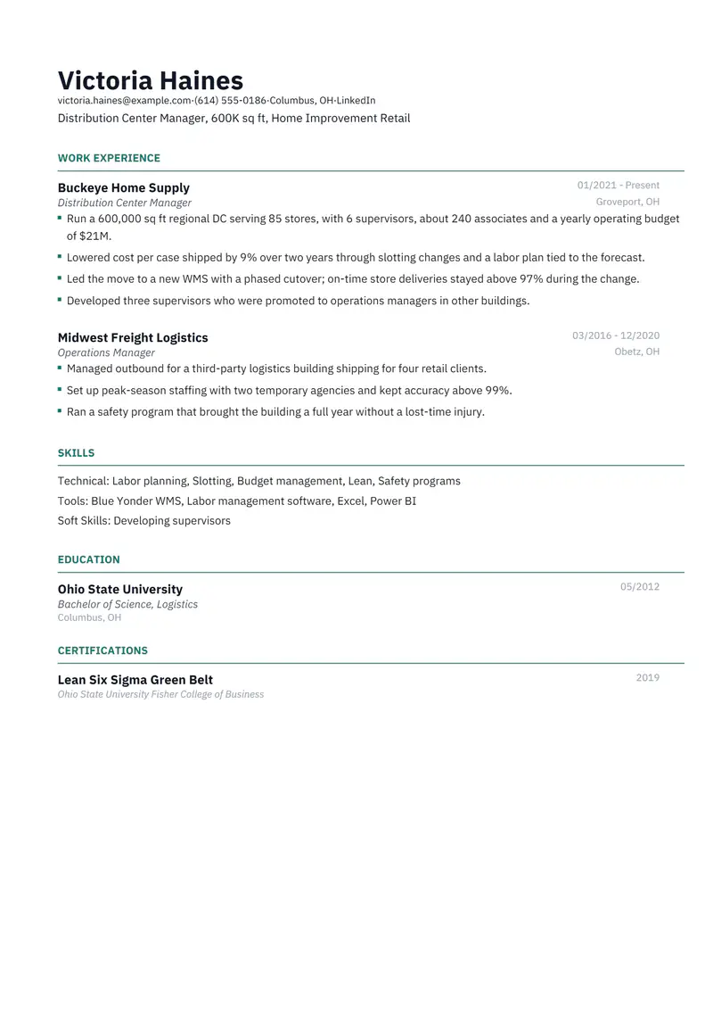 Distribution Manager resume template sample in Catalyst, page 1: fictional Distribution Center Manager, 600K sq ft, Home Improvement Retail