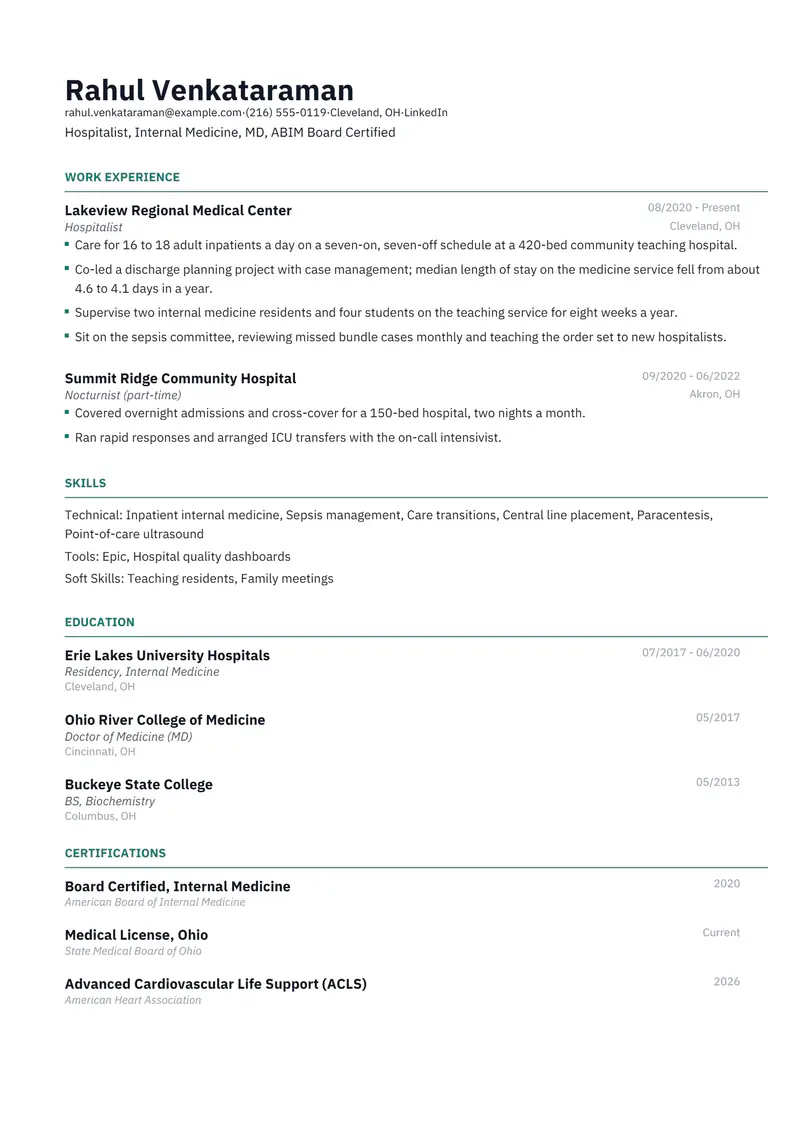 Doctor resume template sample in Catalyst, page 1: fictional Hospitalist, Internal Medicine, MD, ABIM Board Certified