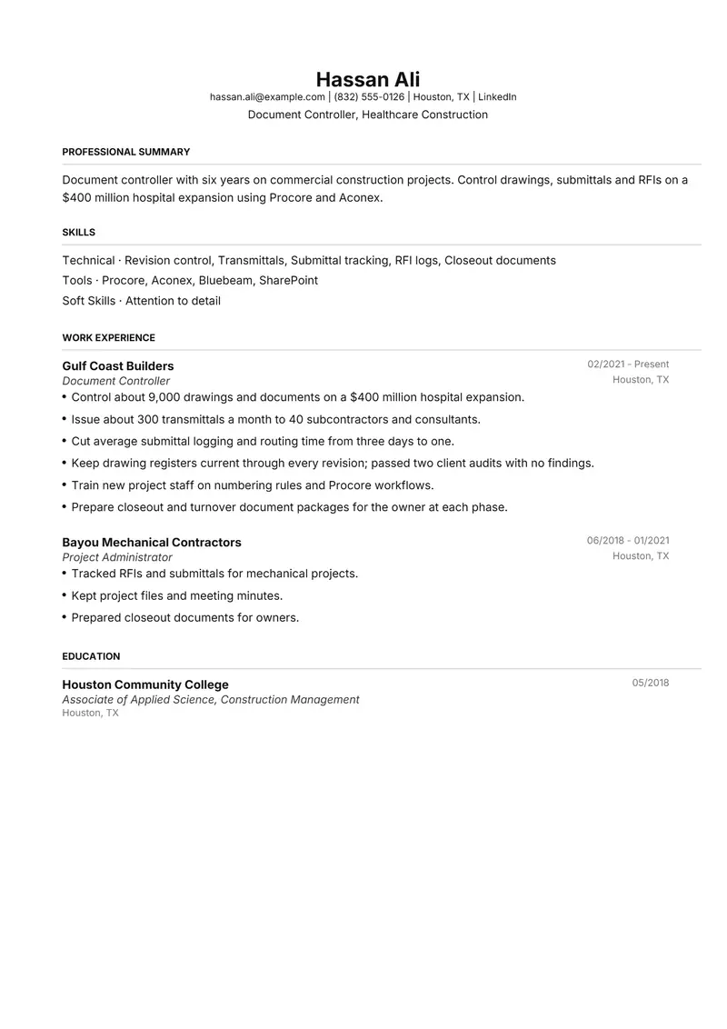 Document Controller resume template sample in FAANGPath, page 1: fictional Document Controller, Healthcare Construction