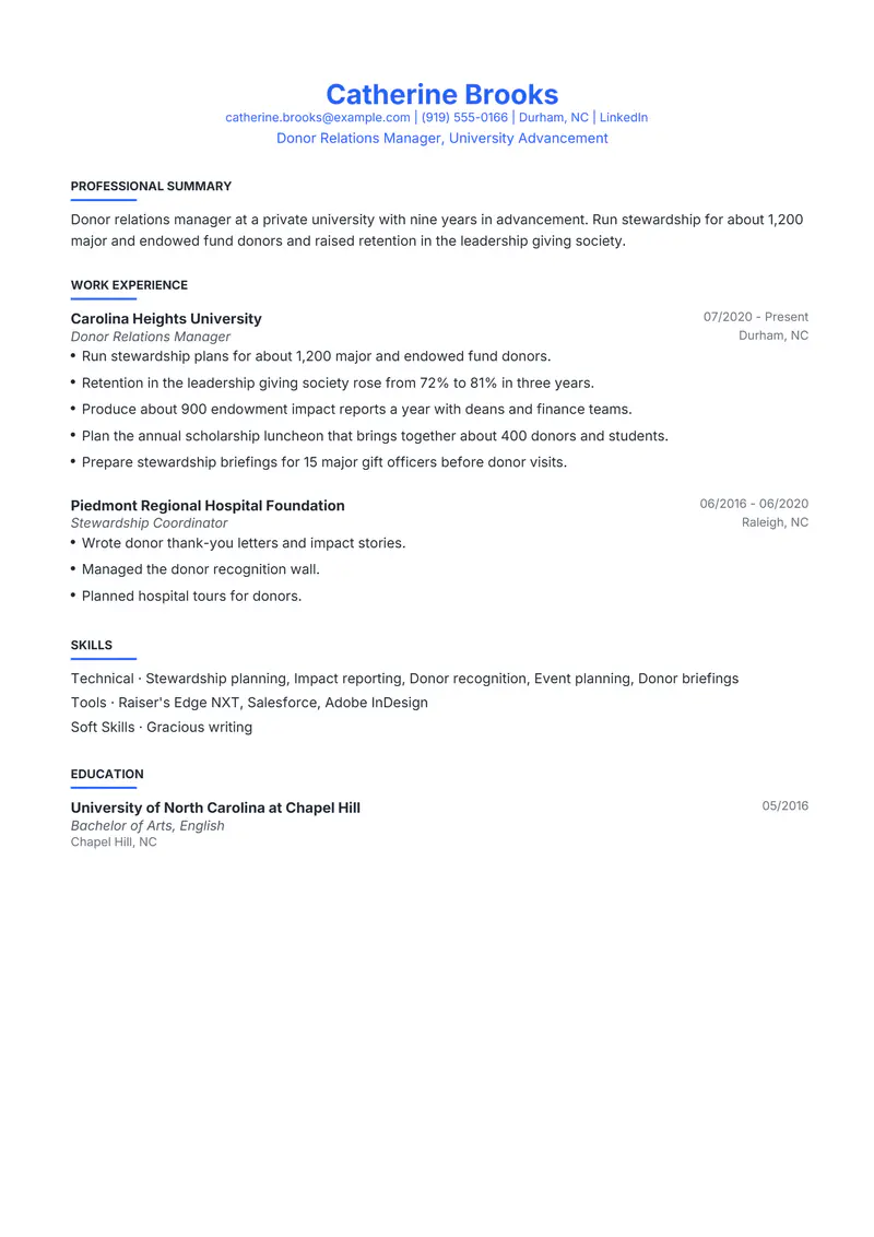 Donor Relations Manager resume template sample in Leslie, page 1: fictional Donor Relations Manager, University Advancement