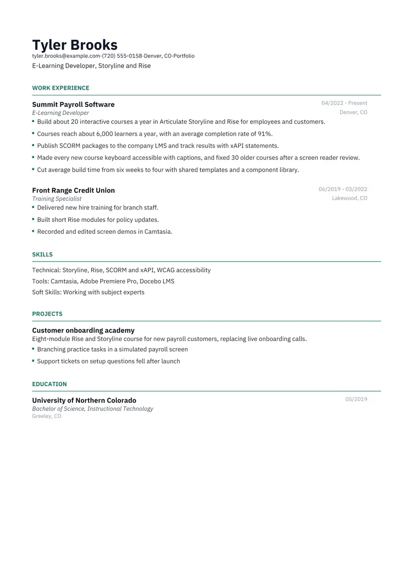 E-Learning Developer resume template sample in Catalyst, page 1: fictional E-Learning Developer, Storyline and Rise