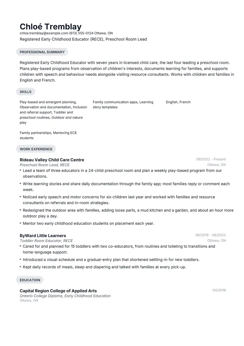 Early Childhood Educator resume template sample in Daniel, page 1: fictional Registered Early Childhood Educator (RECE), Preschool Room Lead