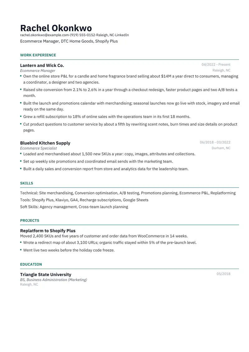 Ecommerce Manager resume template sample in Catalyst, page 1: fictional Ecommerce Manager, DTC Home Goods, Shopify Plus