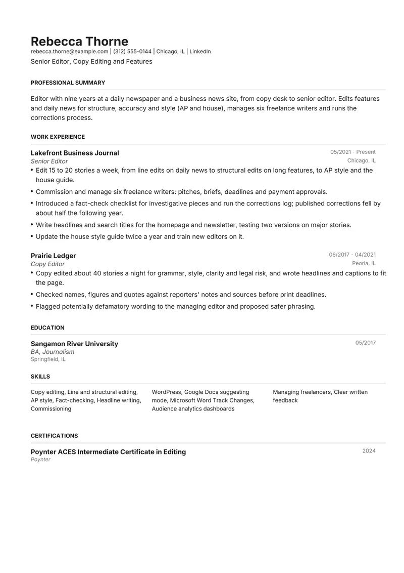 Editor resume template sample in Henrietta, page 1: fictional Senior Editor, Copy Editing and Features