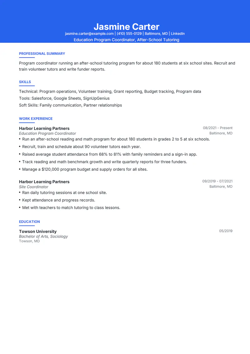 Education Program Coordinator resume template sample in Olivia, page 1: fictional Education Program Coordinator, After-School Tutoring