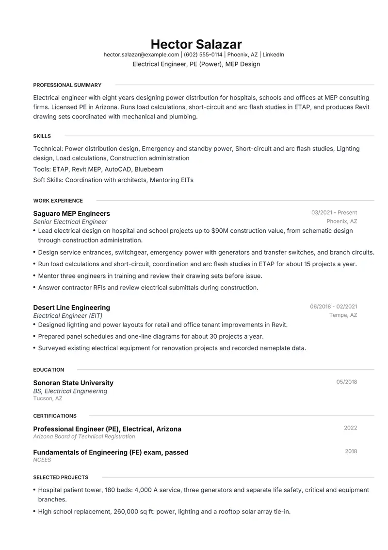Electrical Engineer resume template sample in Meridian, page 1: fictional Electrical Engineer, PE (Power), MEP Design