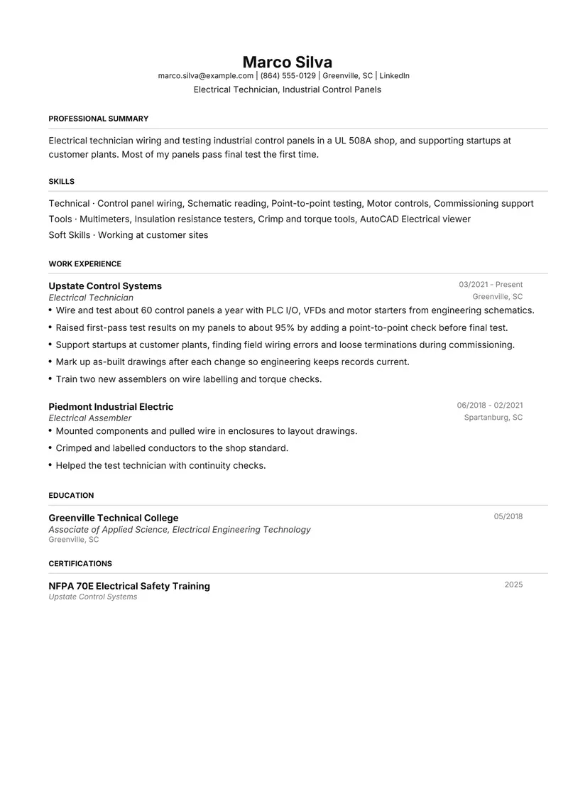 Electrical Technician resume template sample in FAANGPath, page 1: fictional Electrical Technician, Industrial Control Panels
