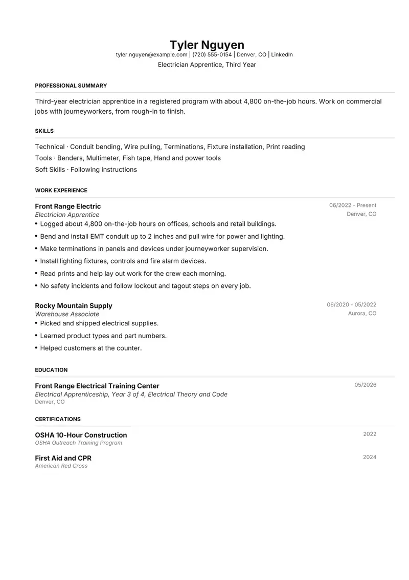 Electrician Apprentice resume template sample in FAANGPath, page 1: fictional Electrician Apprentice, Third Year