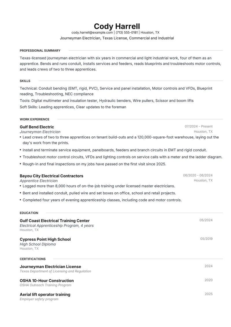 Electrician resume template sample in Meridian, page 1: fictional Journeyman Electrician, Texas License, Commercial and Industrial