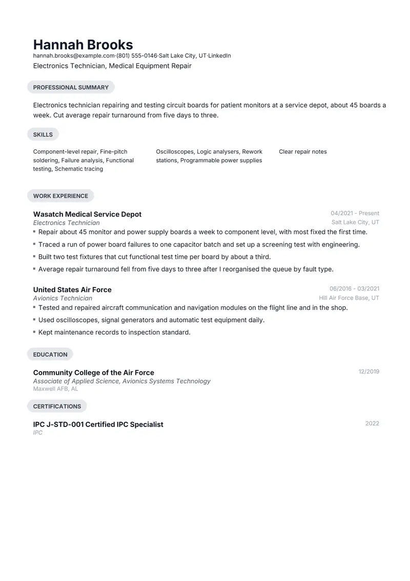 Electronics Technician resume template sample in Daniel, page 1: fictional Electronics Technician, Medical Equipment Repair