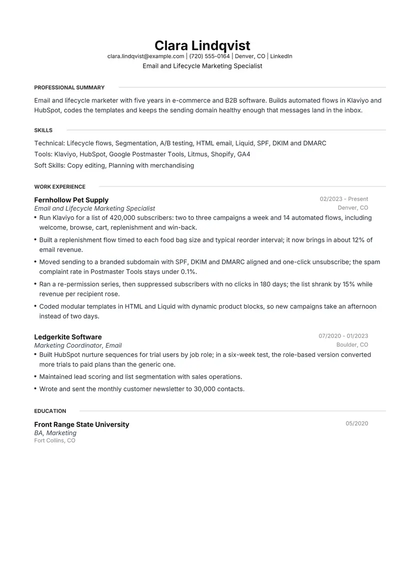 Email Marketer resume template sample in Meridian, page 1: fictional Email and Lifecycle Marketing Specialist