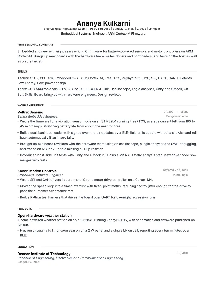 Embedded Systems Engineer resume template sample in Meridian, page 1: fictional Embedded Systems Engineer, ARM Cortex-M Firmware