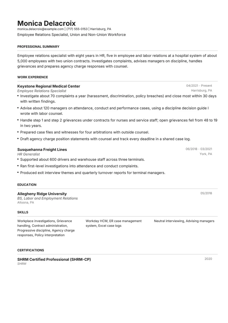 Employee Relations Specialist resume template sample in Henrietta, page 1: fictional Employee Relations Specialist, Union and Non-Union Workforce